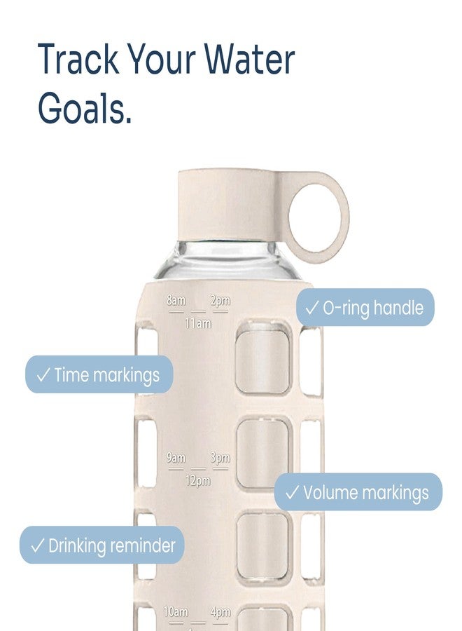 purifyou 40oz / 32oz / 22oz / 12oz Borosilicate Glass Water Bottle with Time & Volume Markers, Silicone Sleeve, Stainless Steel Lid | Reusable Glass Bottle for Water & Juice (22oz Pearled Ivory) - Image 3